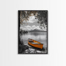 Lake Rowboat, Serene Waters, Mountain Reflection, Framed Canvas Print, Minimalist Nature Art, Living Room Wall Art, Tranquil Landscape