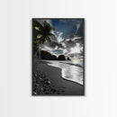 Sunset Beach, Rocky Coast, Dramatic Sky, Bold Light, Framed Canvas Print tropical sunset wall art, beach photography, bathroom decor