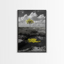 Solitary Tree, Desert Reflection, Yellow Leaves, Framed Canvas Print, Minimalist Wall Art, Bedroom Decor, Nature Fine Art Landscape