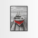Red Rowboat, Dock Stillness, Minimalist Lake Scene, Canvas Print, Nautical Wall Art, Bathroom Decor, Tranquil Seascape, Coastal Aesthetic