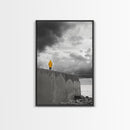 Yellow Raincoat, Ocean Storm, Moody Skies, Framed Canvas Print, Minimalist Wall Art, Coastal Entryway Decor, Contemplative Scene