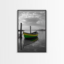 Green Yellow Boat, Serene Reflection, Dockside Calm, Framed Canvas Print, Coastal Bedroom Decor, Minimal Nautical Wall Art