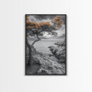 Coastal Tree, Ocean Horizon, Windswept Shoreline, Tranquil Mood, Framed Canvas Print, Minimalist Wall Art, Neutral Tones, Zen Decor