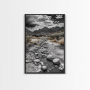 Desert Stream, Rocky Canyon, Moody Sky, Framed Canvas Print, Monochrome Landscape, Minimalist Art, Office or Entryway Decor