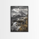 Mountain Escape, Cabin Retreat, Black White Landscape, Framed Canvas Print, Rustic Cabin Art, Bedroom Wall Decor, Nature Lodge Decor