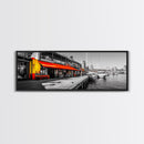 Waterfront Market, Urban Vibes, Boats and Shops, City Harbor — Framed Canvas Print, Kitchen Wall Art, Modern Cityscape, Vibrant Wall Decor
