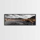 Desert Creek, Rugged Mountains, Golden Shrubs, Nature Path — Framed Canvas Print, Autumn Wall Decor, Rustic Office Art, Landscape Canvas