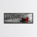 Red Cabin in Fog, Mountain Lake Boat House, Canvas Print, Winter Lodge Wall Art, Moody Nature Decor, Black and White Landscape Art