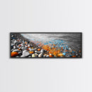 Colorful Pebble Shore, Vibrant Lake Stones, Blue Orange Rocks, Framed Canvas Print, Boho Coastal Style, Bathroom Wall Art