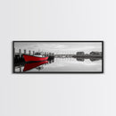 Red Fishing Boat, Harbor Reflection Scene, Calm Dockside Water, Framed Canvas Print, Nautical Art, Living Room Wall Decor