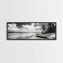 Tropical Boat, Deserted Beach, Palms and Clouds, Ocean Peace, Framed Canvas Print, Boho Wall Art, Bedroom Decor, Seaside Minimalism