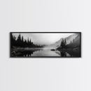 Foggy Pines, Mountain Reflection, Monochrome Wilderness, Canvas Print, black and white wall art, cabin decor, minimalist forest scene