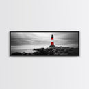 Lighthouse Coastline, Red Beacon, Stormy Sea, Black and White Landscape, Framed Canvas Print, Nautical Decor, Office Wall Art, Modern Style