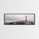 Rocky Shore, Coastal Guide, Red Lighthouse, Ocean Cliff Scene, Framed Canvas Print, Nautical Wall Decor, Bathroom Wall Art, Minimalist Art