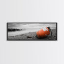 Beach Buoy, Coastal Drift, Orange Marker, Tidal Shore, Framed Canvas Print, Bathroom Wall Decor, Nautical Minimalism, Modern Ocean Art