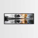 Surreal Reflection, Tree Silhouettes, Split Sky, Framed Canvas Print, trippy landscape art, black and white dreamy wall decor
