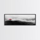 Lone Red Tree, Misty Hills, Minimalist Landscape, Framed Canvas Print, serene bedroom wall art, abstract black and white decor