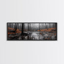 Autumn Forest Stream, Bare Trees, Orange Leaves, Framed Canvas Print, Fall Wall Art, Cozy Nature Scene, Entryway Decor