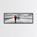 Red Jacket Walk, Rainy Boardwalk Scene, Urban Solitude, Moody Landscape Photography, Canvas Print, Entryway Wall Art, Minimalist Decor