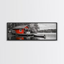 Lakeside Cabin Red, Boat House Retreat, Serene Waterfront, Autumn Color Pop, Canvas Print, Cozy Living Room Wall Art, Nature Home Decor