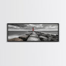 Red Lighthouse Coast, Seaside Rock Jetty, Stormy Sky Mood, Nautical Beacon View, Canvas Print, Bathroom Wall Art, Coastal Modern Decor