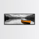 Golden Canoe, Lake Reflection, Tranquil Water, Adventure Scene, Canvas Print, Minimalist Wall Art, Bedroom Landscape, Cabin Decor
