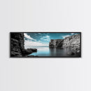 Serene Cove, Cliff Reflections, Blue Water, Coastal Escape, Framed Canvas Print, Tranquil Ocean Art, Bathroom or Spa Wall Decor
