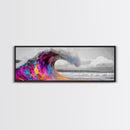 Rainbow Wave Curl, Surf Art Explosion, Vibrant Ocean Energy, Framed Canvas Print, Beach House Decor, Colorful Coastal Wall Art