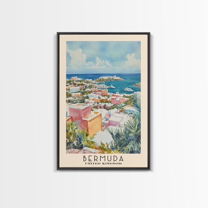 Bermuda, United Kingdom Watercolor Beach Print, Vacation Gift, United Kingdom Wall Art, Framed Canvas Print, Framed Beach Painting