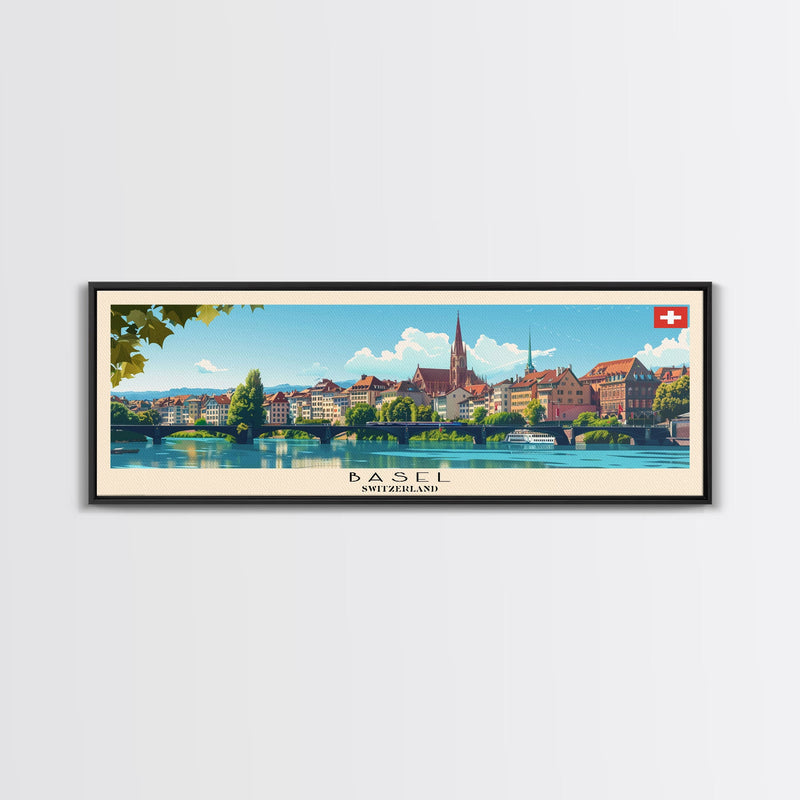 Basel SwitzerlandTravel Art, City Art, Framed Canvas Print or Metal Wall Art, Europe Travel Poster, Panoramic Wall Art, Extra Wide Wall Art