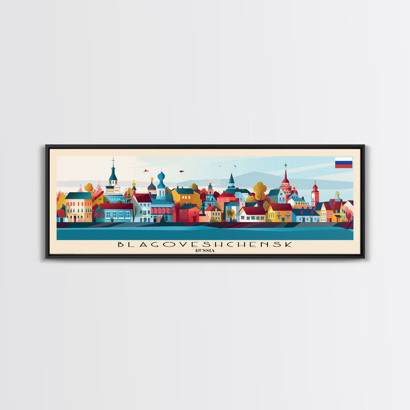 Blagoveshchensk Russia Travel Art, City Art, Framed Canvas Print or Metal Wall Art, Europe Travel Poster, Panoramic Wall Art, Extra Wide Wall Art