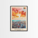 Brussels Belgium Travel Poster Framed Canvas Print, Abstract Sunset, Wall Art, Modern Home Decor, Travel Print, Watercolor Painting, Art Piece