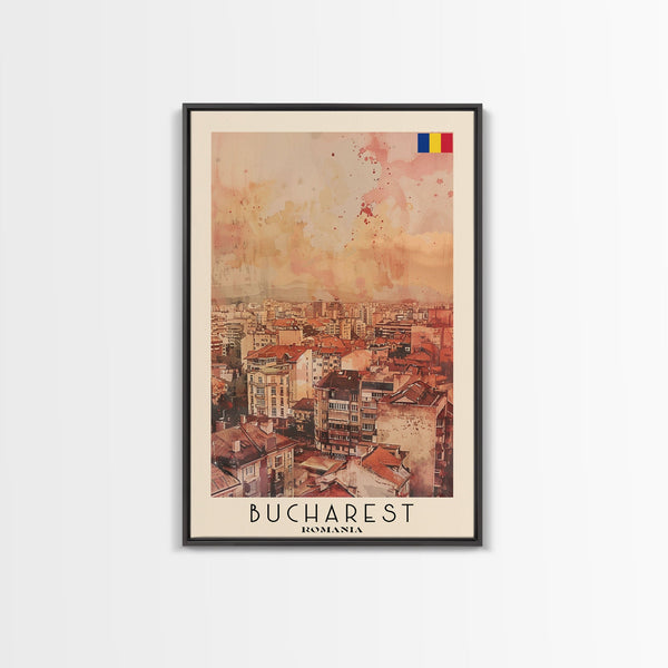 Bucharest Romania Travel Poster Framed Canvas Print, Abstract Cityscape, Boho Wall Art, Home Decor, Living Room Art, Watercolor Painting, Original Art, photo 2 of 7