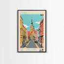 Oradea Romania Travel Poster Framed Canvas Print, Midcentury Modern Art, Pop Art Wall Decor, Scenic Bedroom Art, Office Decoration