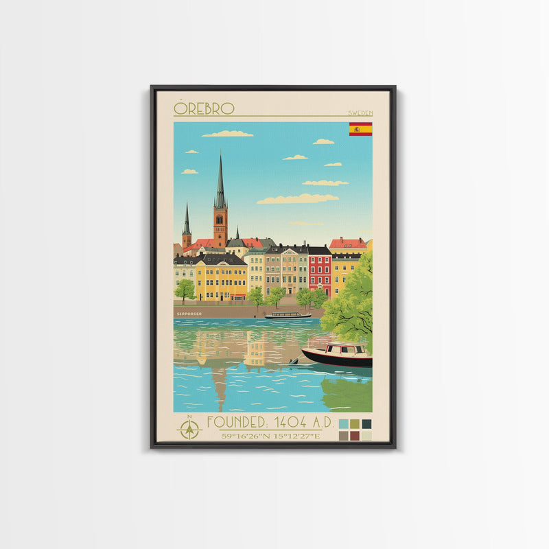 Ã–rebro Sweden Travel Poster Framed Canvas Print, Midcentury Modern Art, Pop Art Wall Decor, Living Room Art, Home Decoration