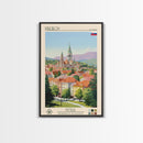 Prešov Slovakia Travel Poster Framed Canvas Print, Midcentury Modern Art, Pop Art Wall Decor, Scenic Living Room Art, Bedroom Gift