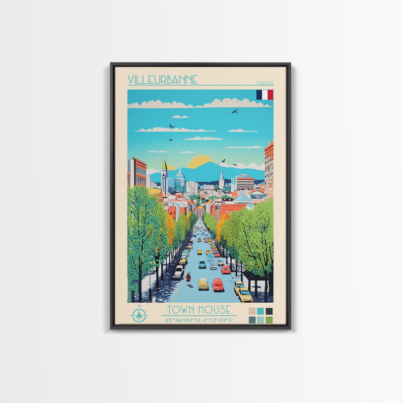 Villeurbanne France Travel Poster Framed Canvas Print, Midcentury Modern Art, Pop Art Wall Decor, Living Room Art, Vacation Gift