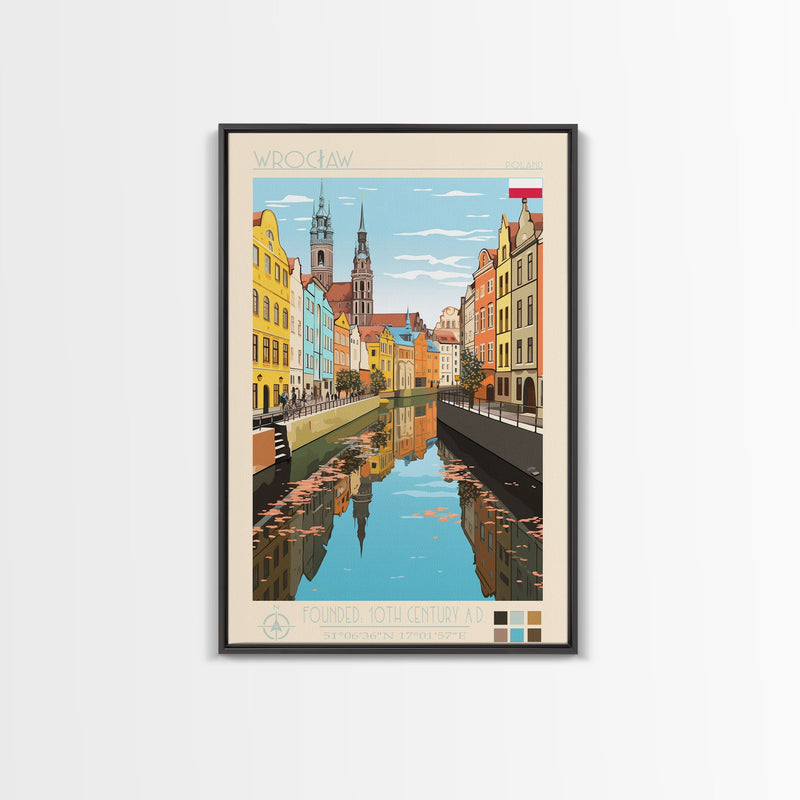 WrocÅ‚aw Poland Travel Poster Framed Canvas Print, Midcentury Modern Art, Pop Art Wall Decor, Living Room Art, Scenic Wall Art