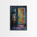Nutcracker at Spooky Door Framed Canvas Print, Haunted Nutcracker Decor, Halloween Toy Art, Eerie Door Wall Art, Creepy Nutcracker Print