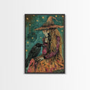 The Witch and her Sassy Raven Framed Canvas Print, Spooky Decor, Halloween Art, Halloween Props / Gift Idea, Spooky Decor, Home Decor