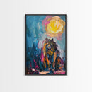 Halloween Art of a Werewolf in a Dress Eating Pizza Under the Moonlight, Perfect for Adding a Playful Touch to Spooky Decor