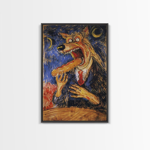 Business Werewolf Eating a Hot Dog, Framed Canvas print, Funny Halloween Art, Spooky Season, The Scream Inspired Funny Art, photo 2 of 9