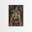 The Witch and Her Pancakes, Breakfast Witch, Framed Canvas Print, Funny Halloween Art