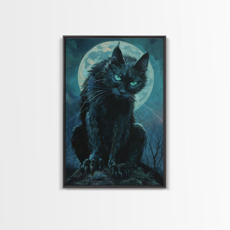 Black Cat with Piercing Eyes Against Full Moon | Halloween Wall Art | Spooky Home Decor | Creepy Black Cat Painting | Framed Canvas Print