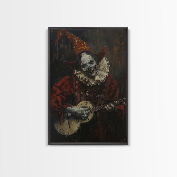 Creepy Clown Playing Guitar, Framed Canvas Print, Spooky Circus Art, Halloween Wall Decor, Horror Clown Illustration, Creepy Home Decor, photo 2 of 9