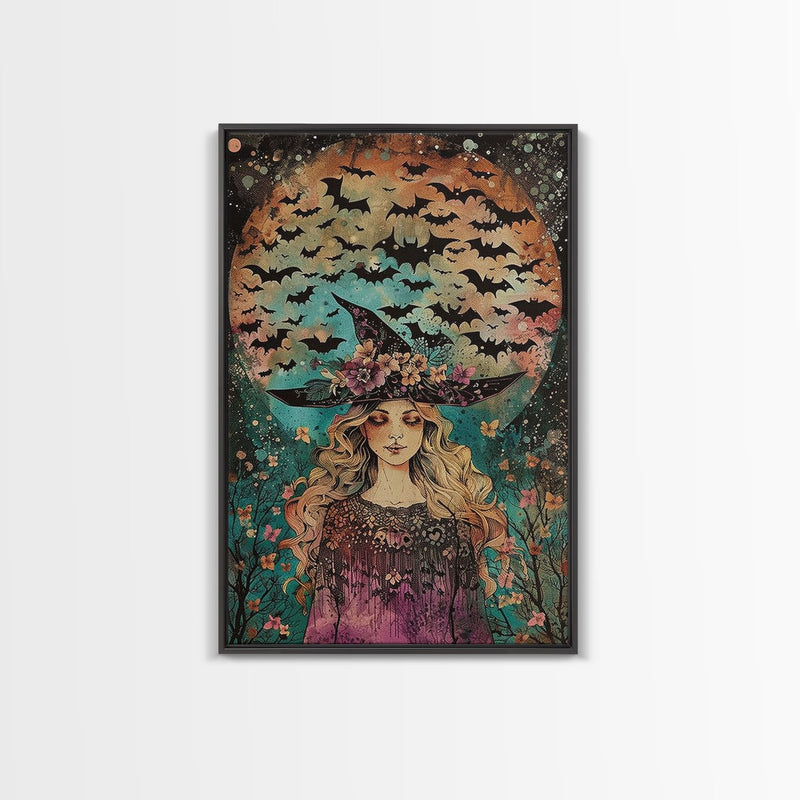 Witch with Bats and Full Moon, Framed Canvas Print, Spooky Witch Art, Halloween Night, Witch Illustration, Enchanted Decor