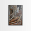Ghost On Stairs Canvas Print - Halloween Art, Spooky Home Decor, Ghost Wall Art, Haunted House Decor, Halloween Decor, Framed Canvas Print