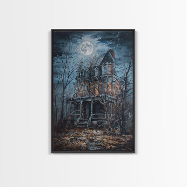 Abandoned House Under Moon Full Halloween Art, Spooky Mansion, Haunted Home, Creepy Decor, Gothic Artwork, Framed Canvas Print, photo 2 of 9