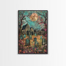 Haunted Churchyard Framed Canvas Print, Halloween Art, Gothic Cemetery, Spooky Church, Haunted Scene, Eerie Moonlight, Halloween Decor