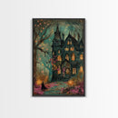 Haunted Mansion On Halloween, Framed Canvas Print, Spooky Vibes Wall Art